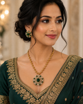 Gold Plated American Diamond with Green Stone Necklace Sets With Ring
