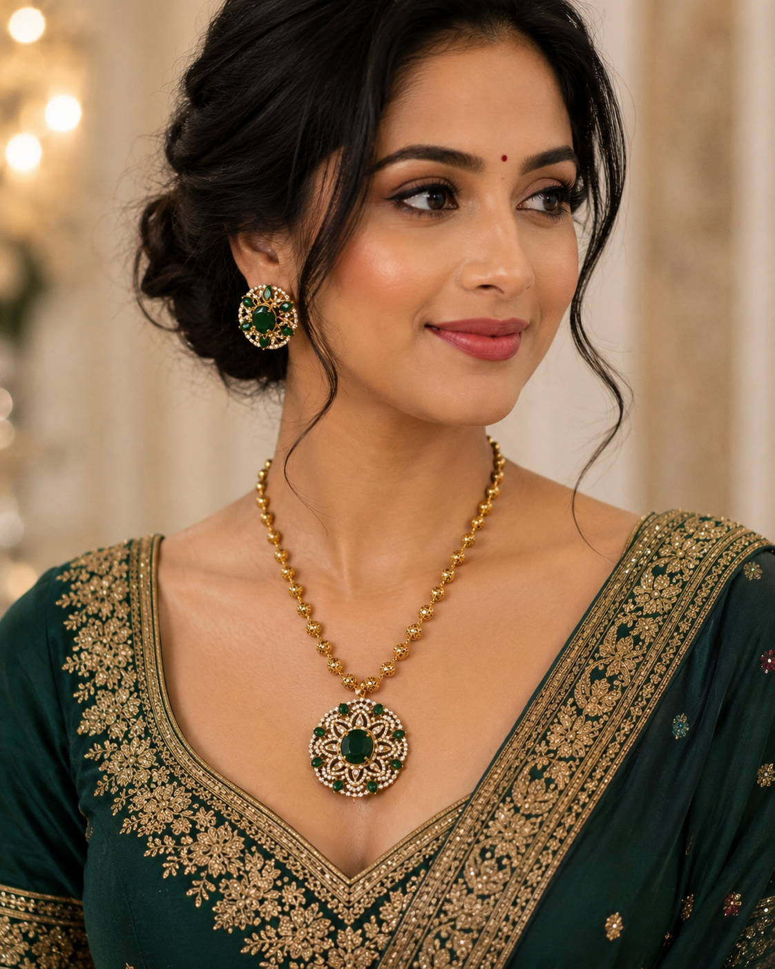 Gold Plated American Diamond with Green Stone Necklace Sets With Ring