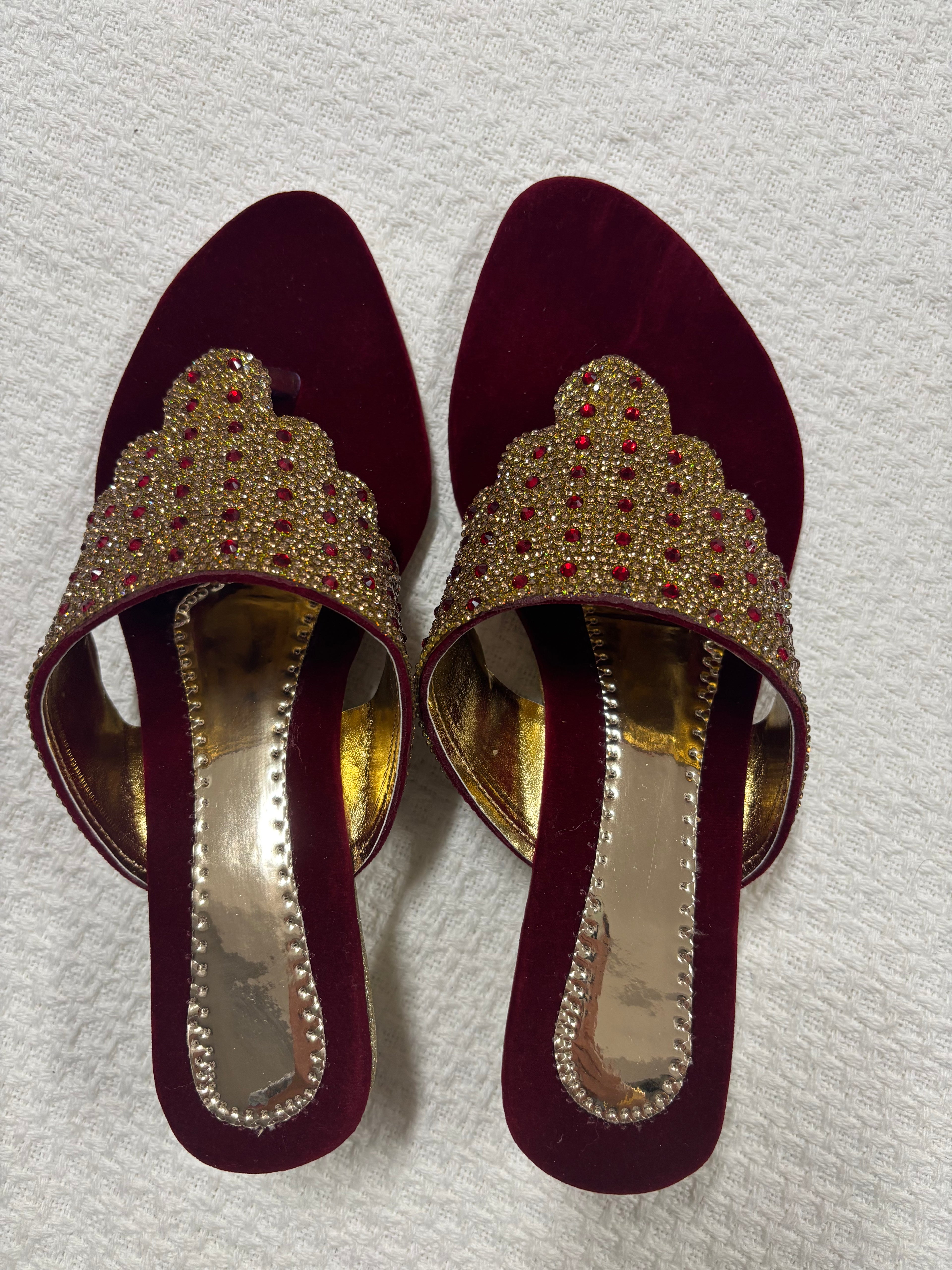 Womens Red Velvette Bridal Shoes with Stone and Embroidary work
