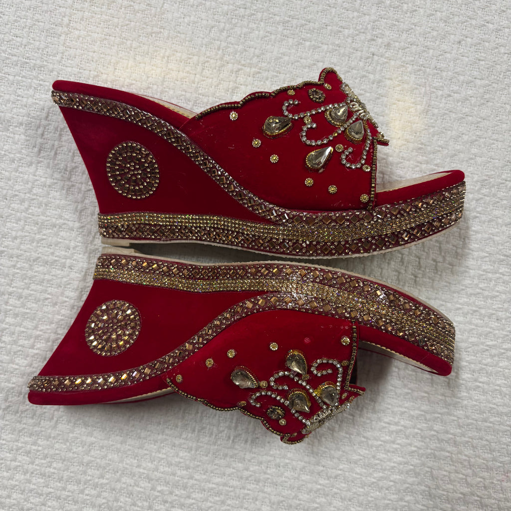 Womens Red Velvette Bridal Shoes with Stone and Embroidary work