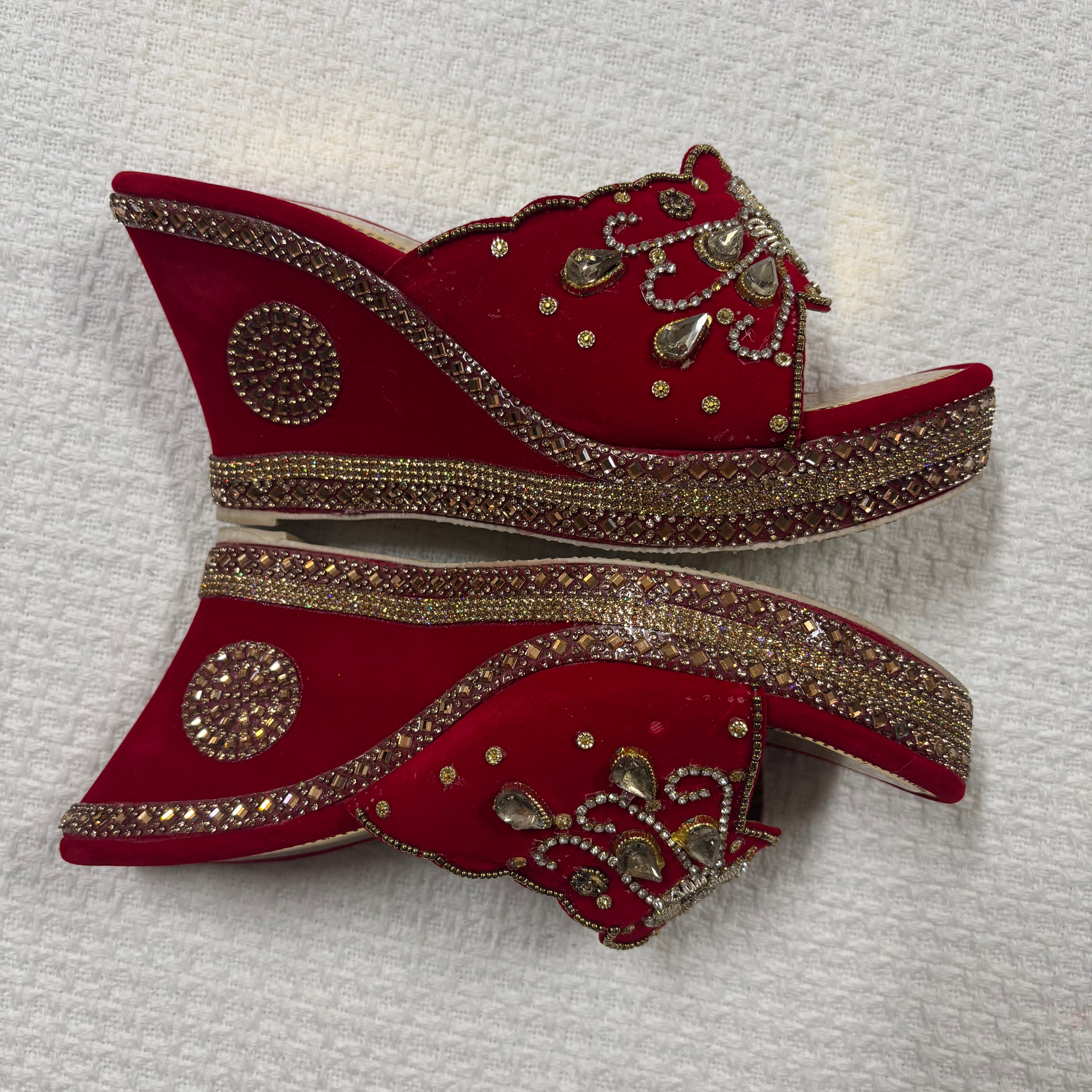 Womens Red Velvette Bridal Shoes with Stone and Embroidary work