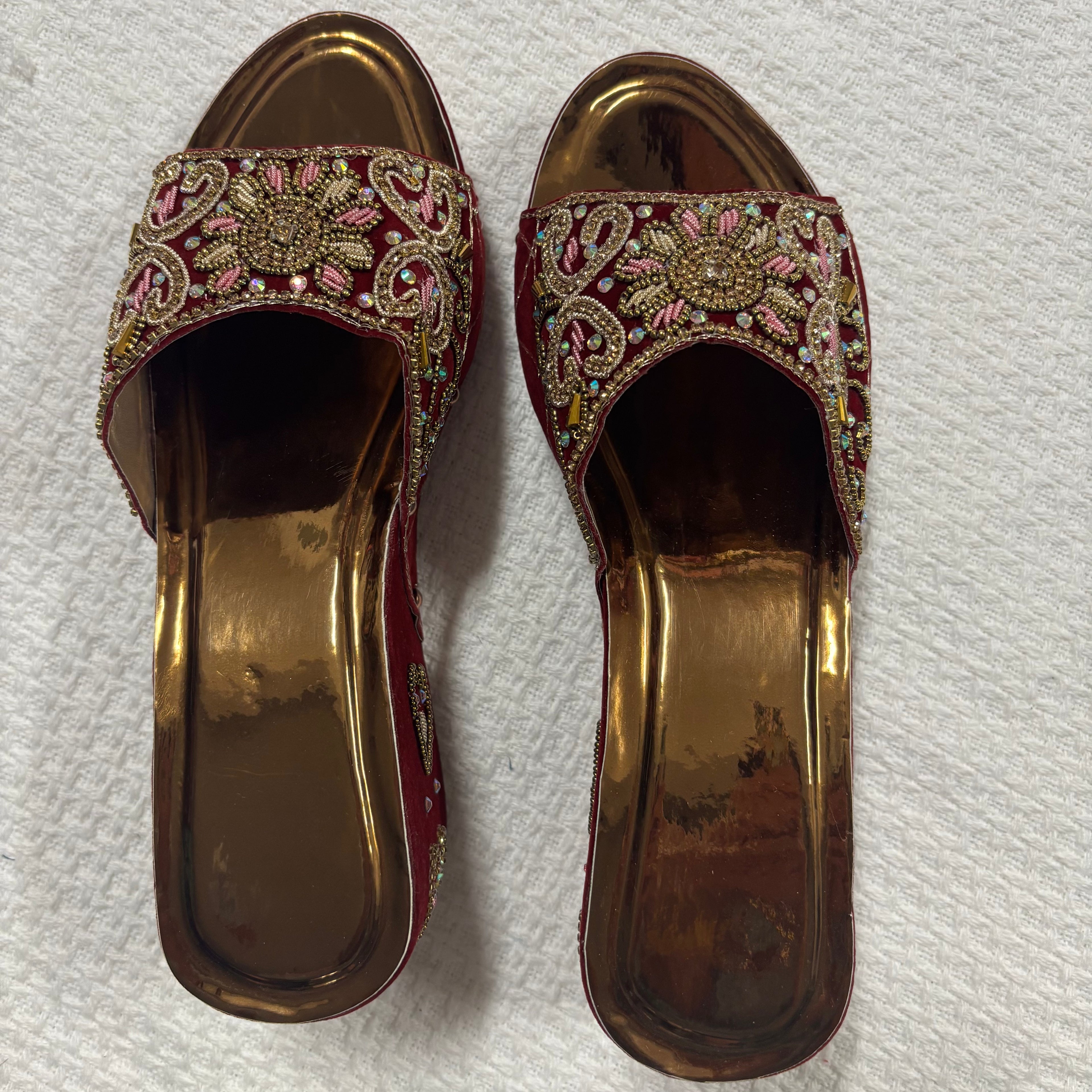 Womens Red Velvette Bridal Shoes with Stone and Embroidary work