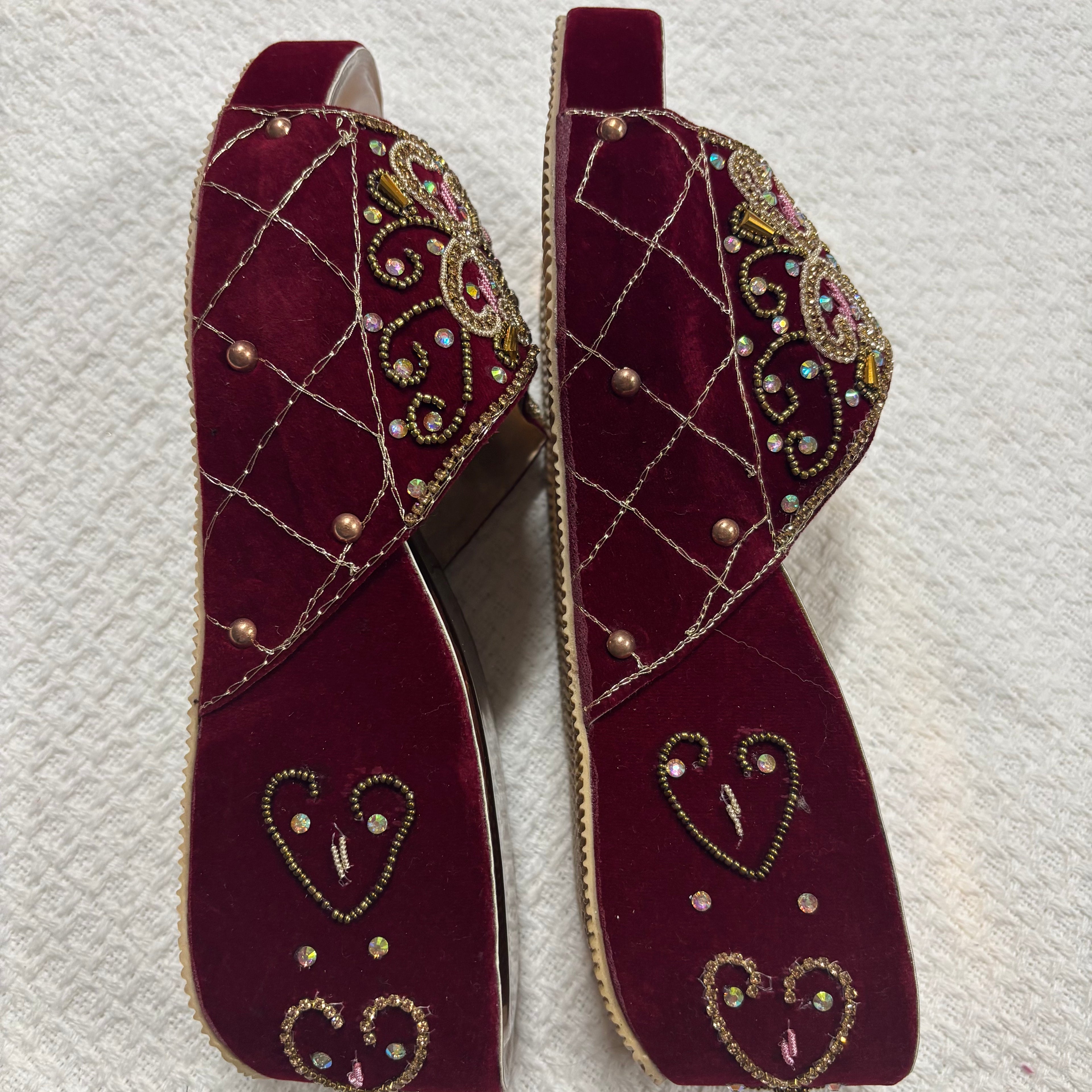 Womens Red Velvette Bridal Shoes with Stone and Embroidary work