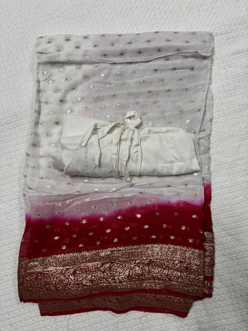 White with Red or Hot Pink contrast Saree with Stretchable white Blouse and Stiched Peticot