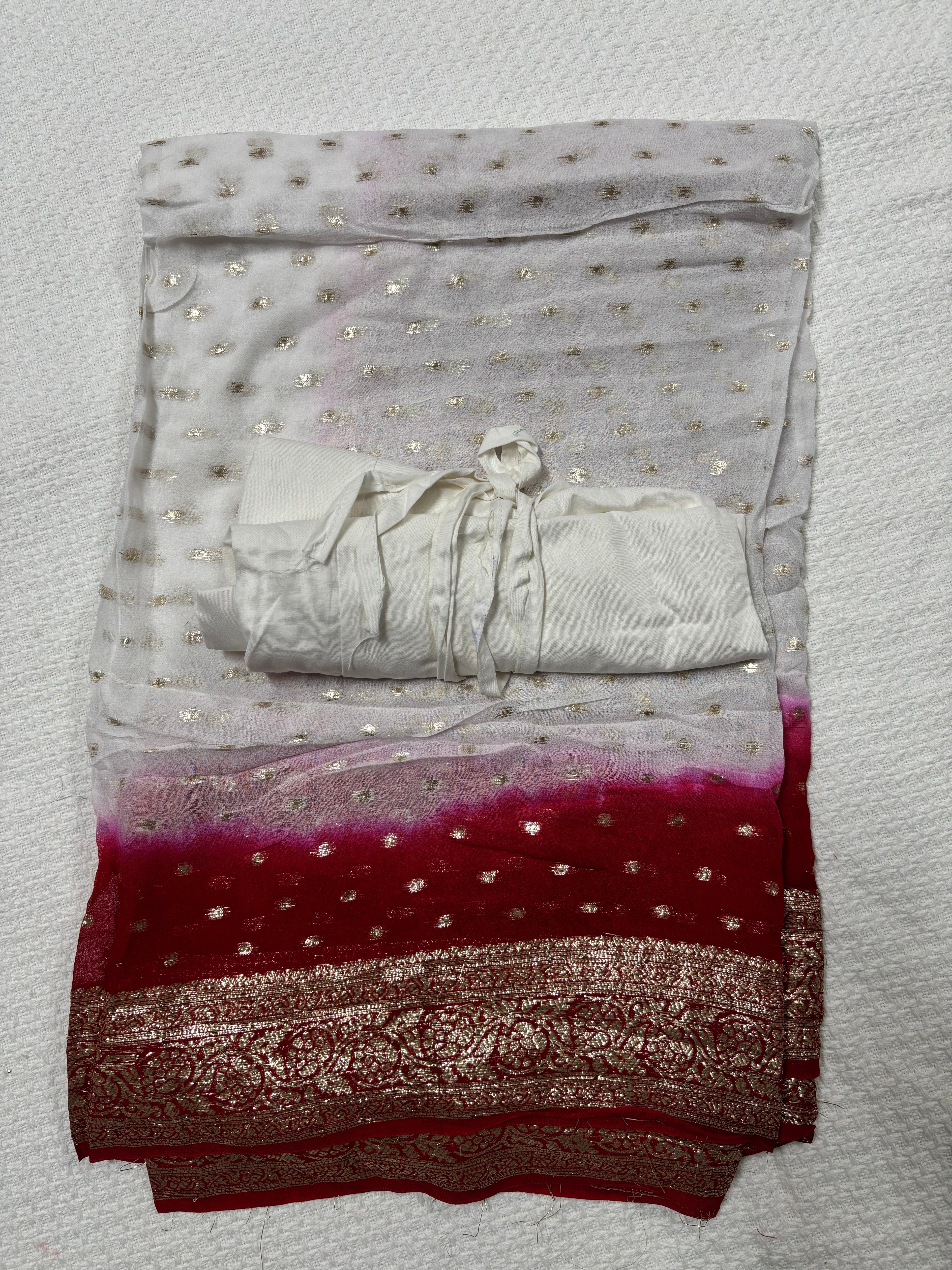 White with Red or Hot Pink contrast Saree with Stretchable white Blouse and Stiched Peticot