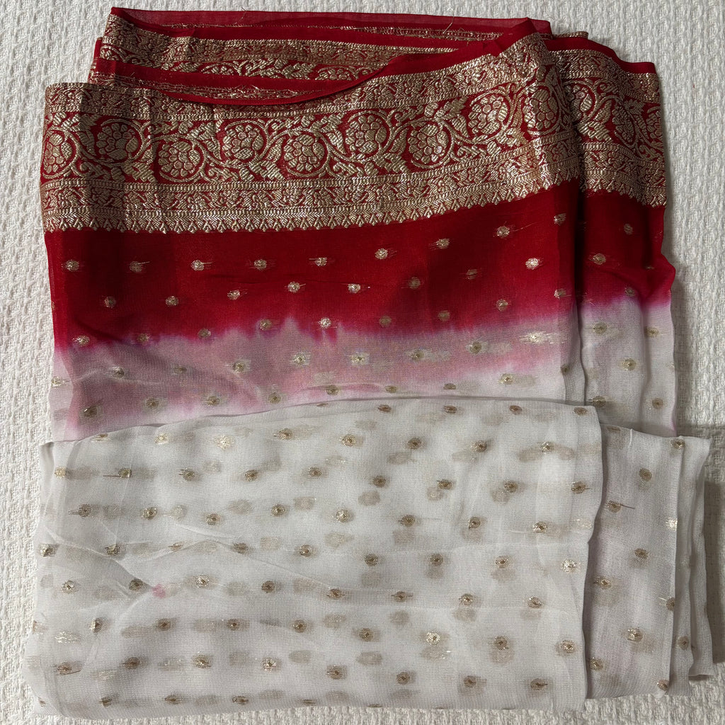 White with Red or Hot Pink contrast Saree with Stretchable white Blouse and Stiched Peticot