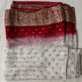 White with Red or Hot Pink contrast Saree with Stretchable white Blouse and Stiched Peticot