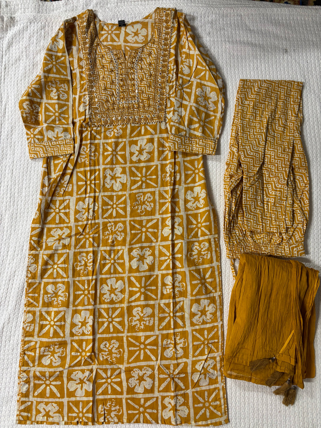 Yellow 100% Cotton Kurtha Set