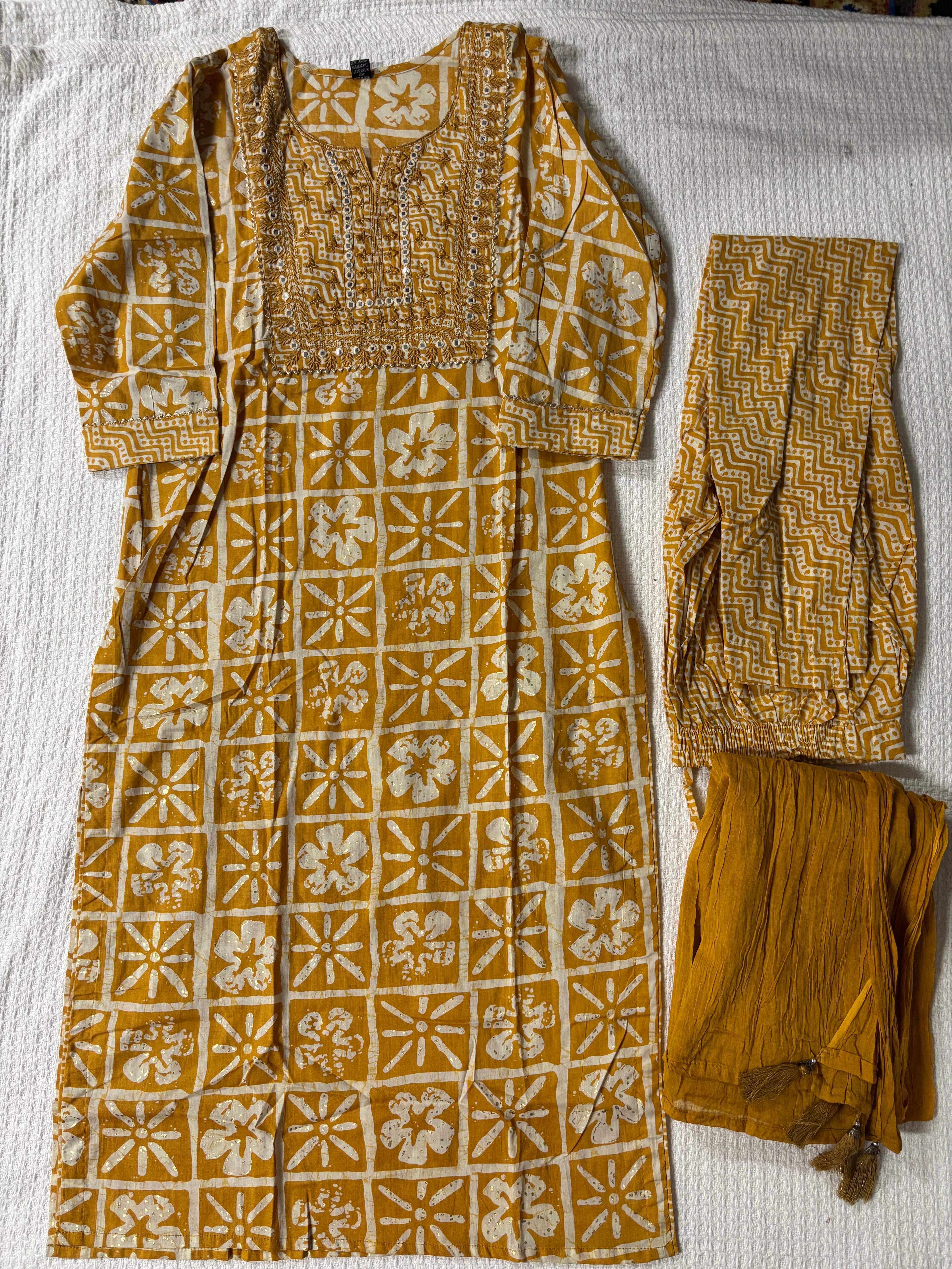 Yellow 100% Cotton Kurtha Set