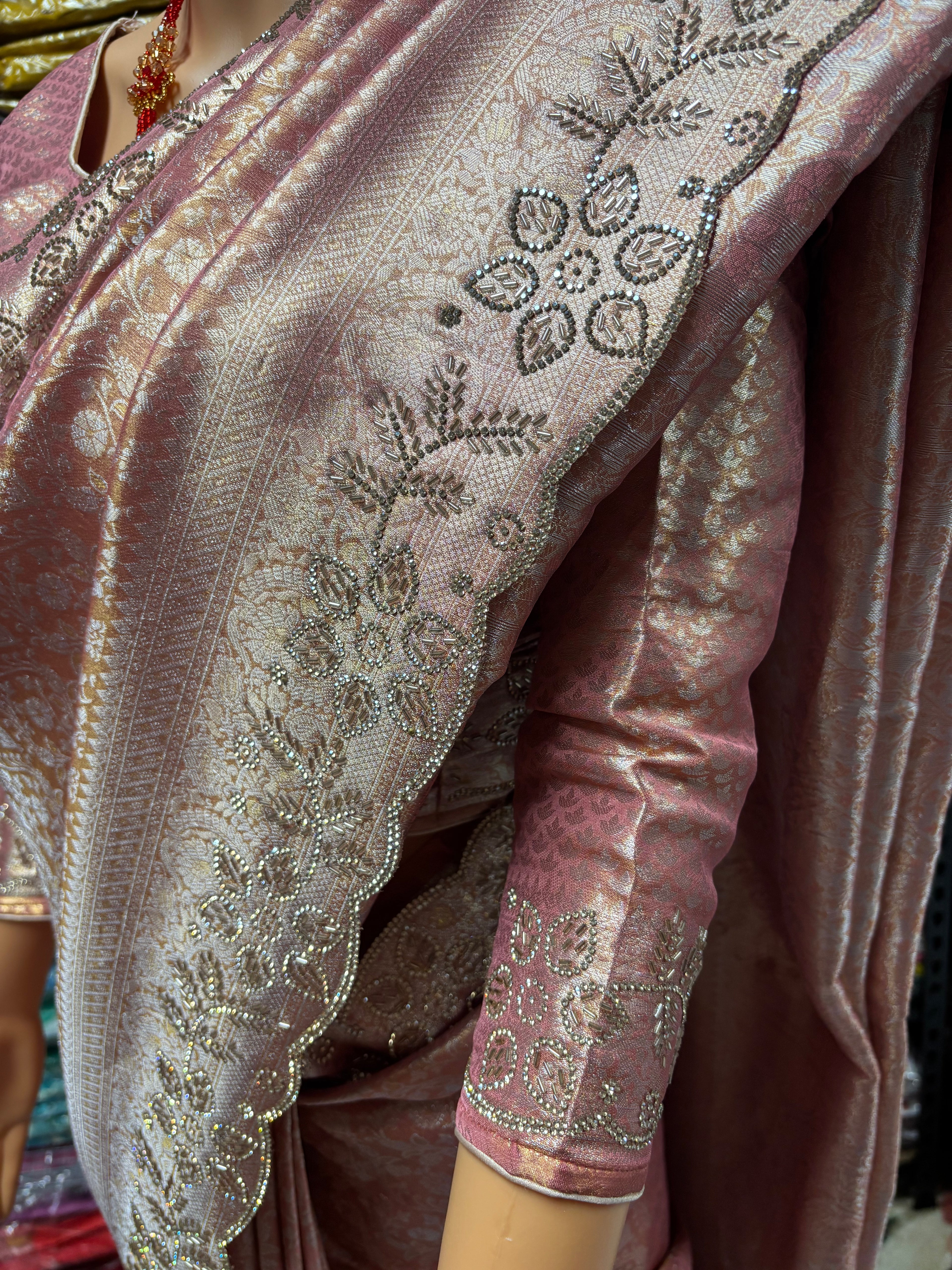 Banarasi Silk Saree with Rihno stone and glass beads worked