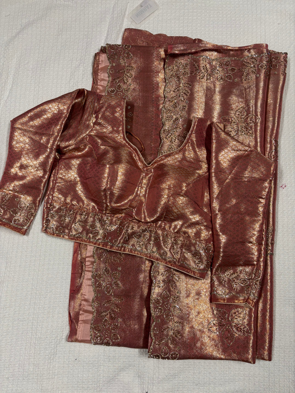 Banarasi Silk Saree with Rihno stone and glass beads Hand worked