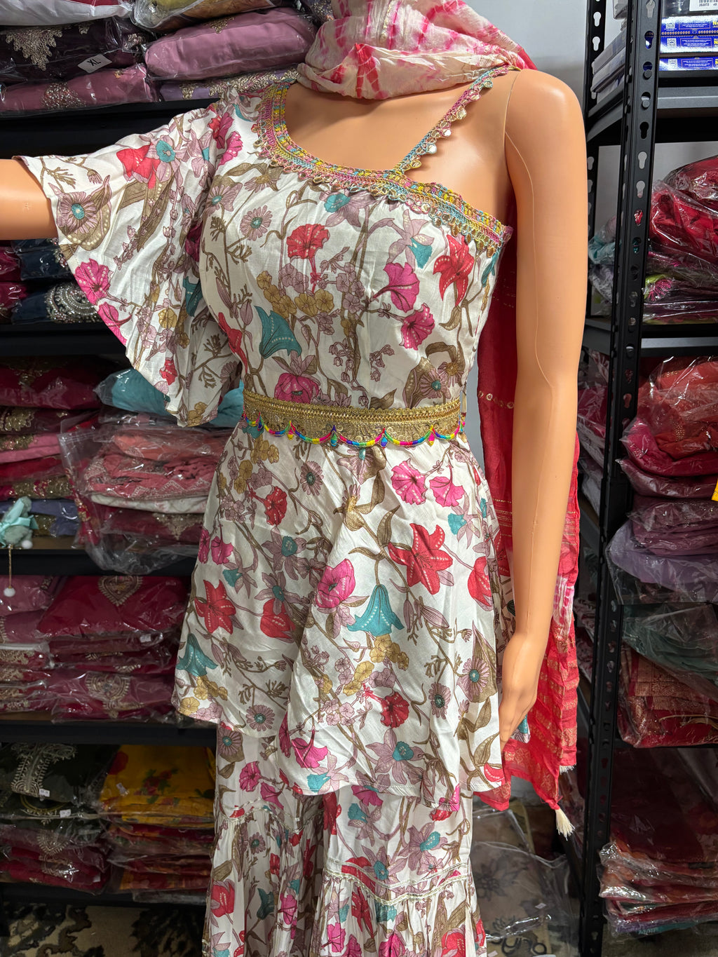 Elegant 3-piece kurta palazzo set featuring asymmetrical sleeves for a modern twist on traditional wear
