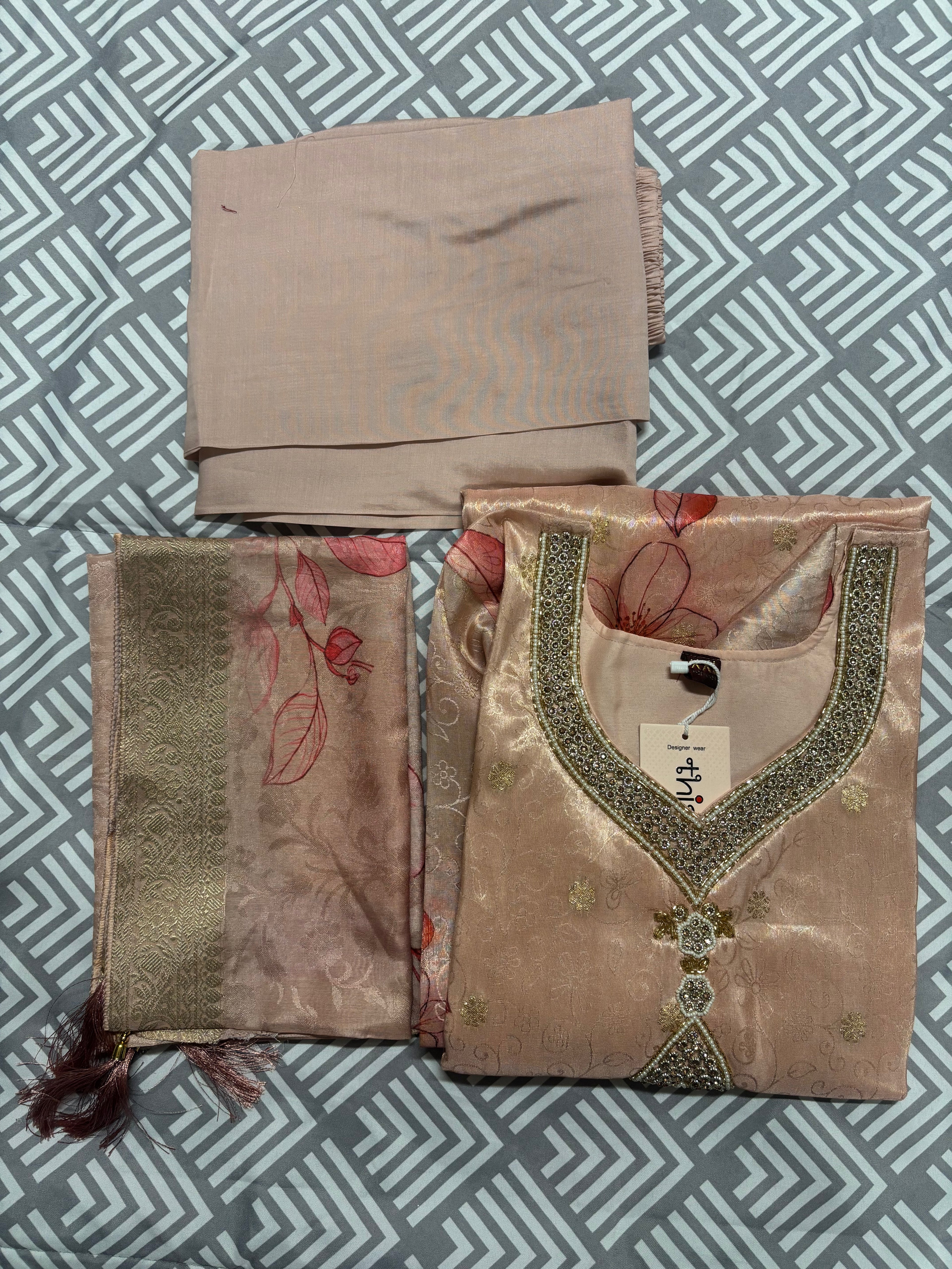 Neck Worked Floral Printed Banarasi Kurtha set