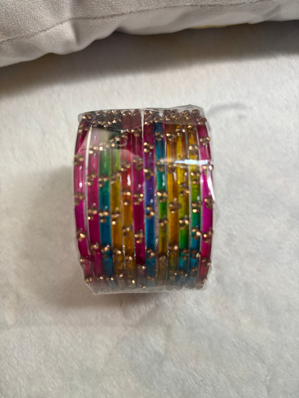 Rainbow Glass Bangles With Stone Worked One Dozen