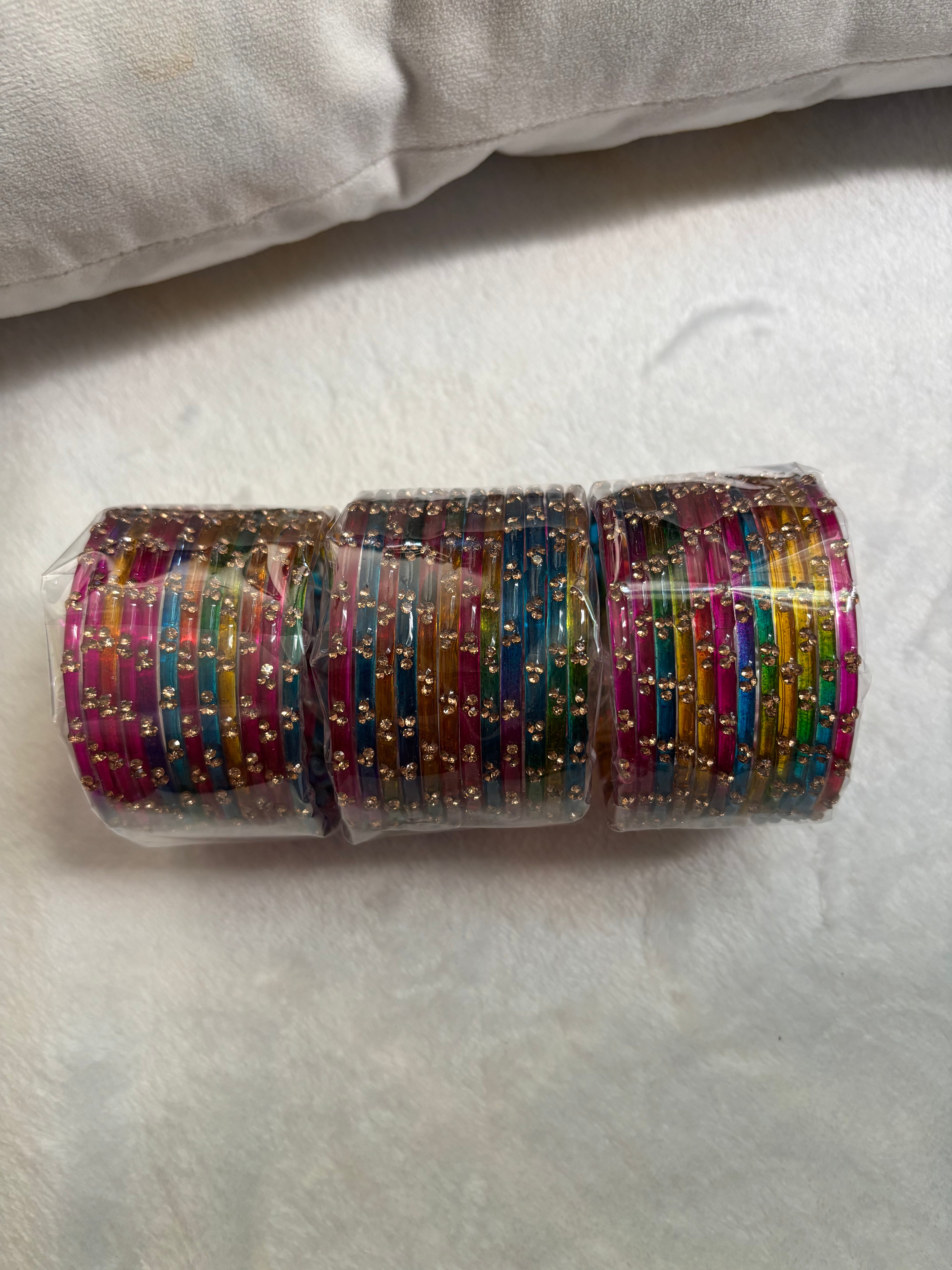 Rainbow Glass Bangles With Stone Worked One Dozen