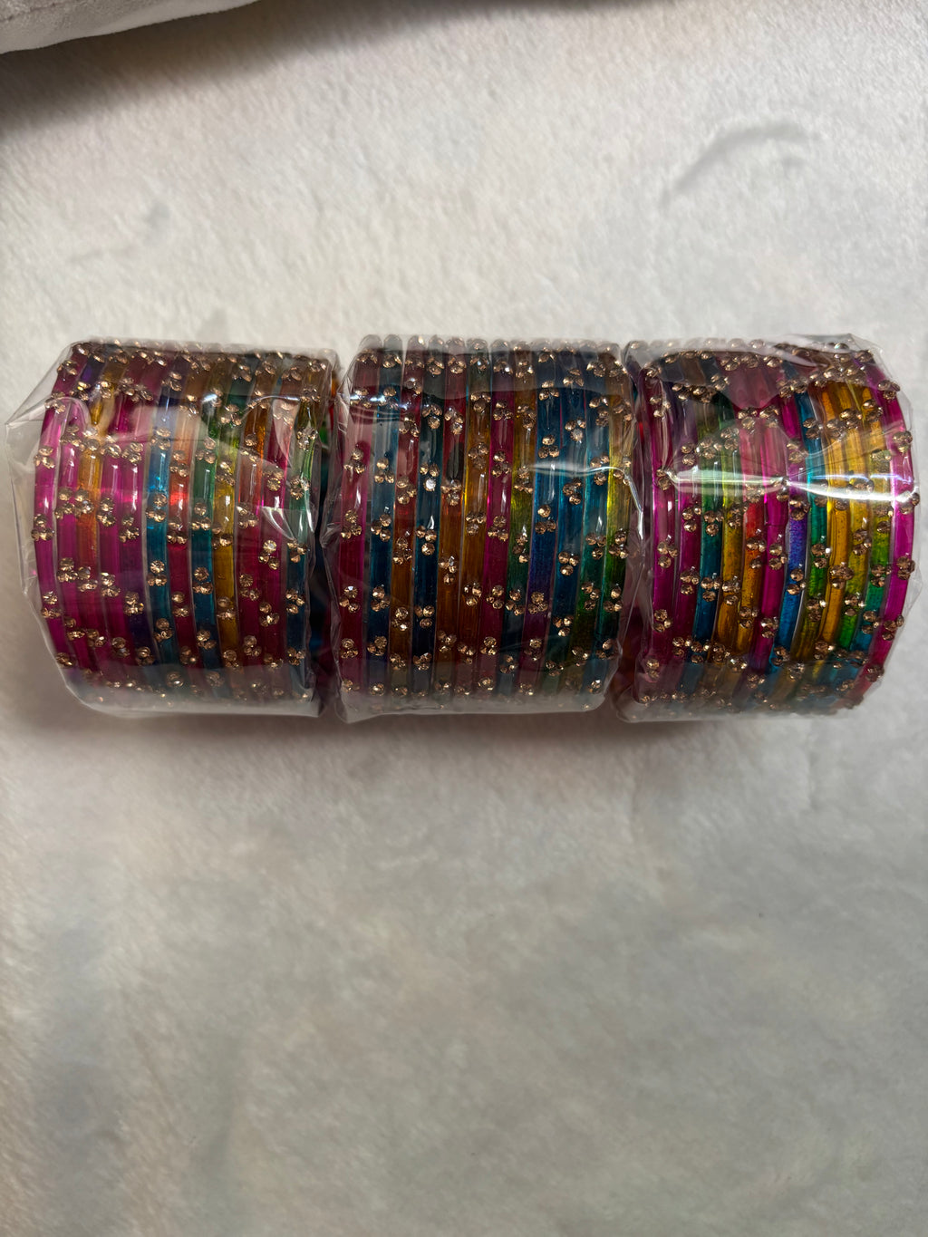 Rainbow Glass Bangles With Stone Worked One Dozen