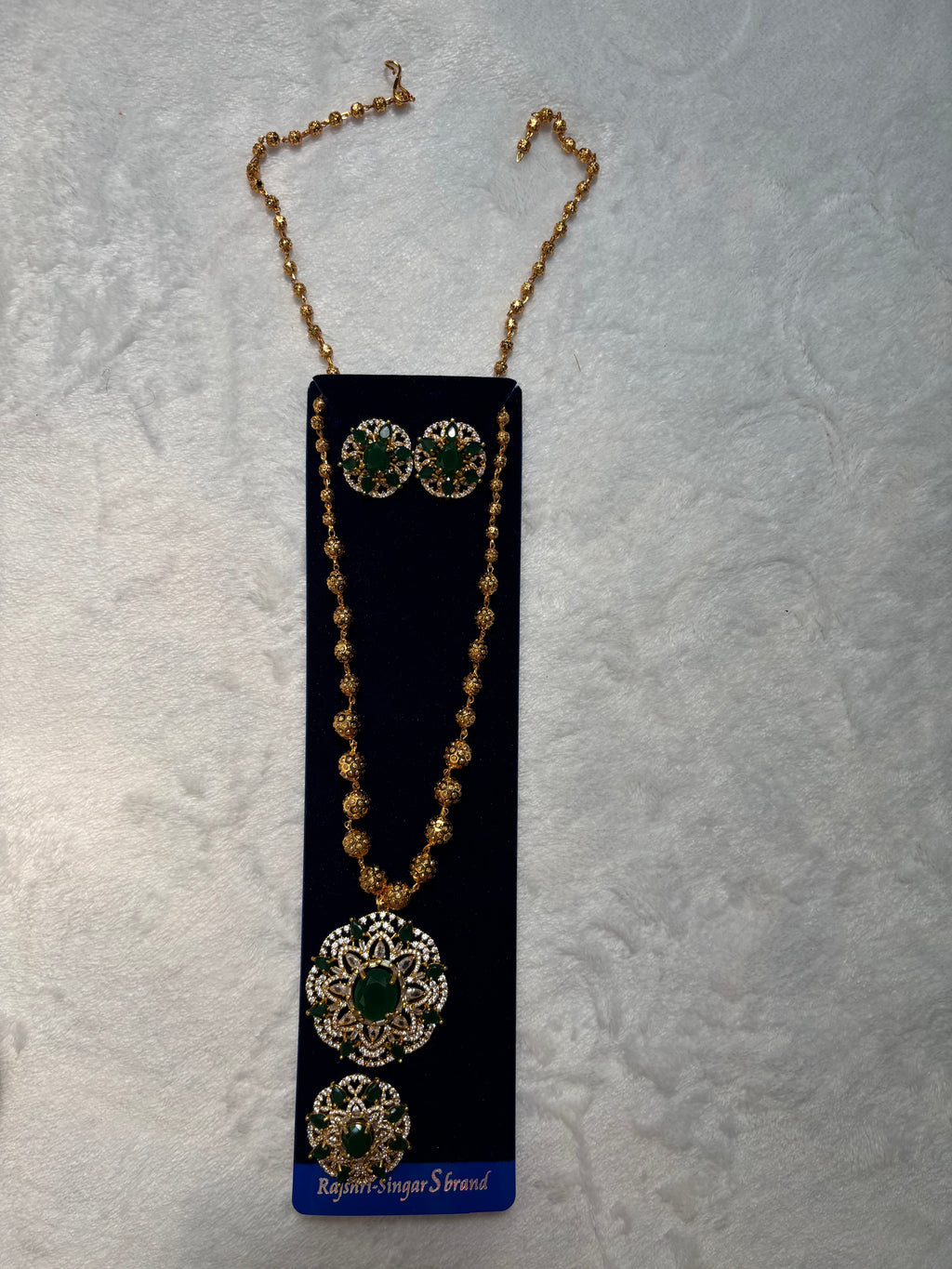Gold Plated American Diamond with Green Stone Necklace Sets With Ring