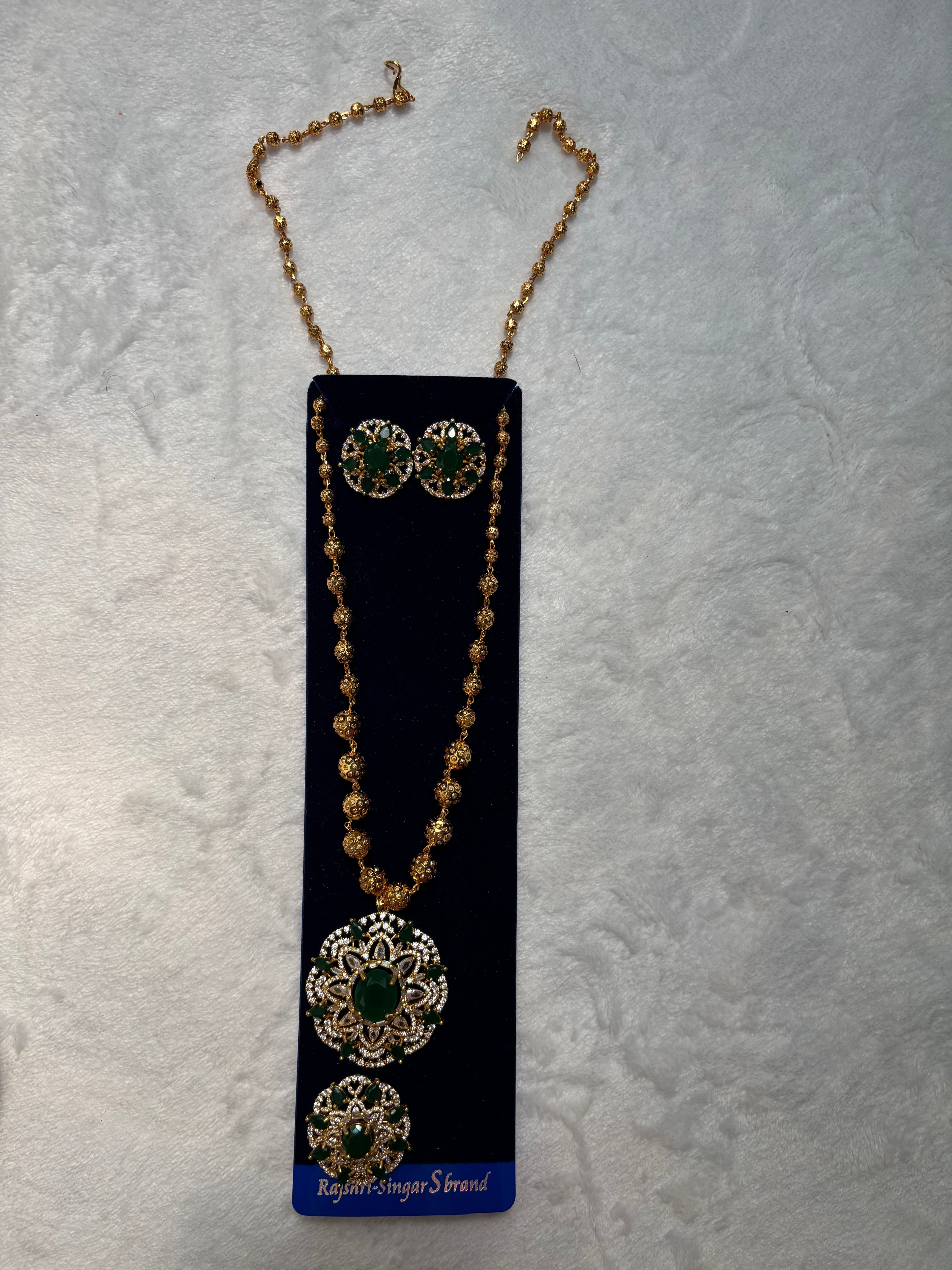 Gold Plated American Diamond with Green Stone Necklace Sets With Ring