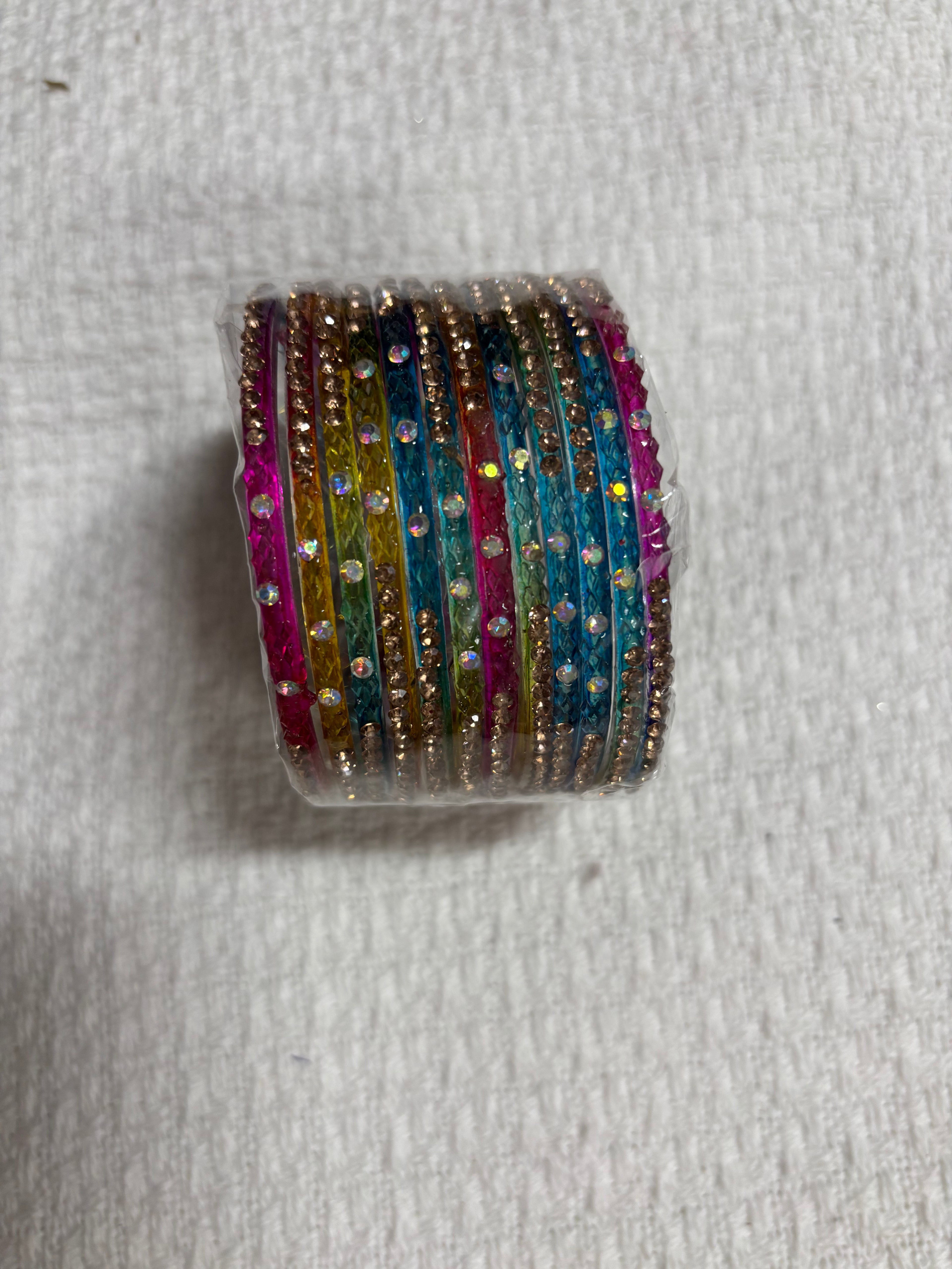 Rainbow Glass Bangles With Stone Worked One Dozen