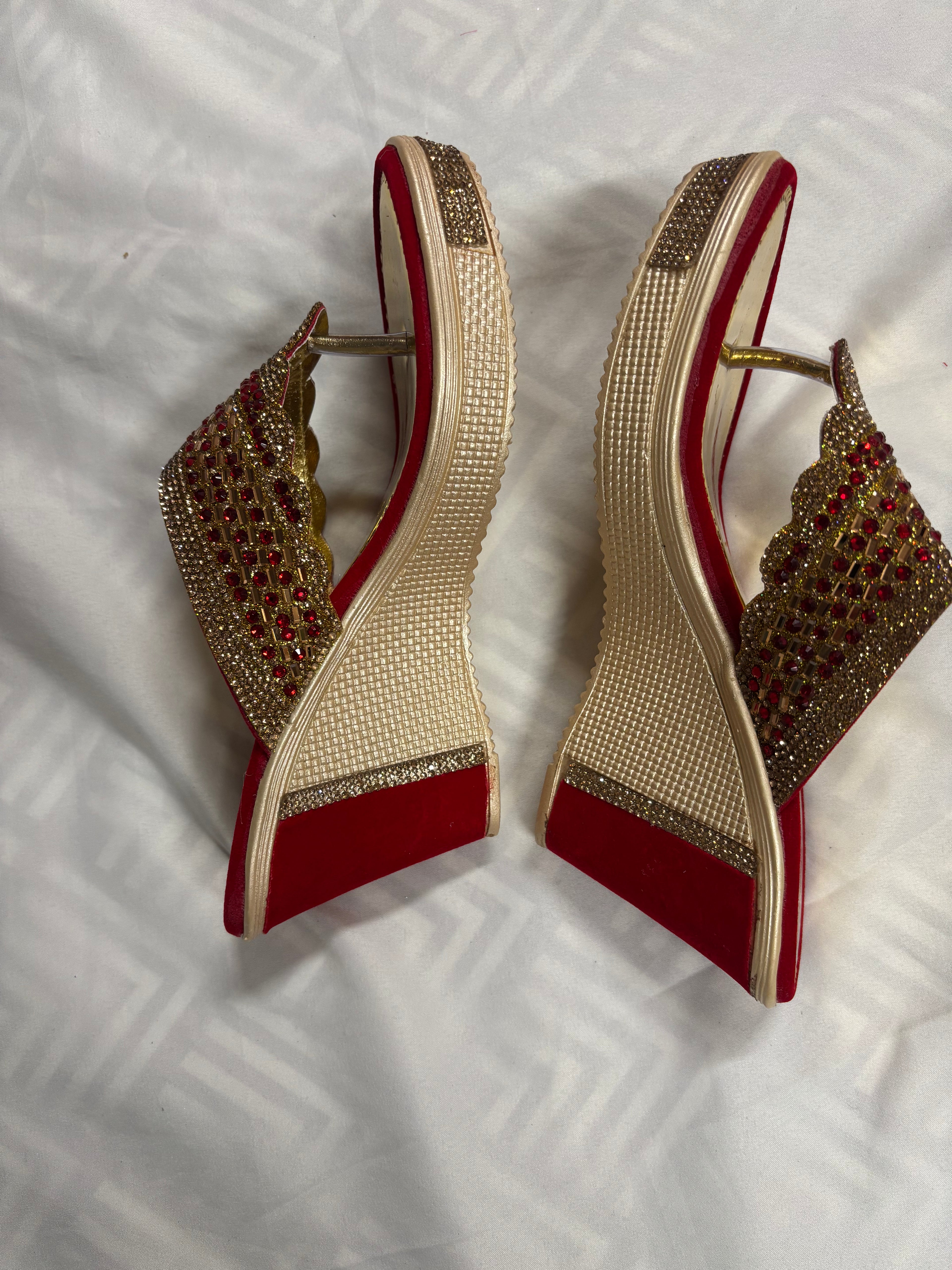 Womens Red Velvette Bridal Shoes with Stone and Embroidary work