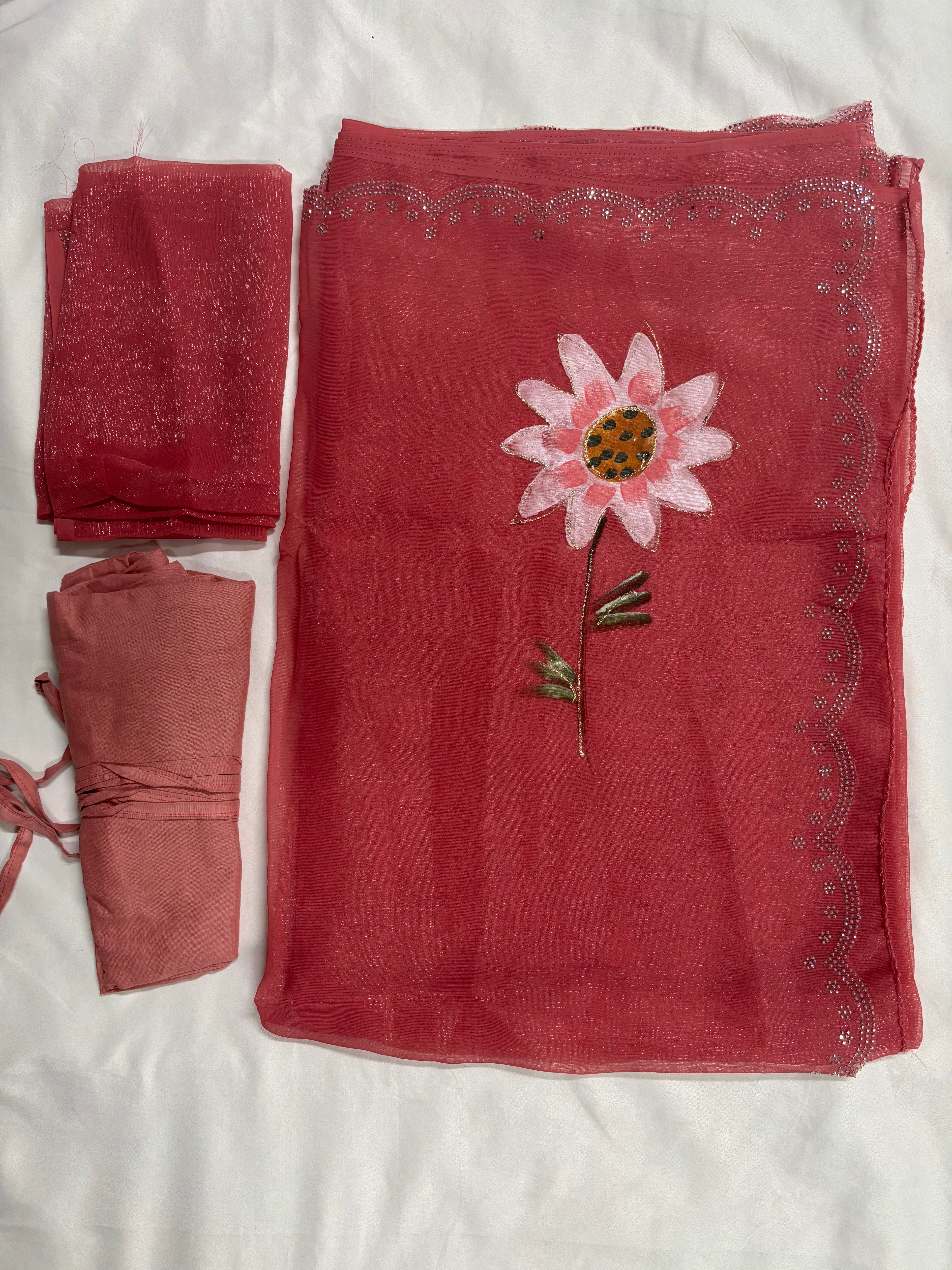 Shimmer-brush Seroski Work Saree With Unstiched Blouse and Stiched Peticoat.