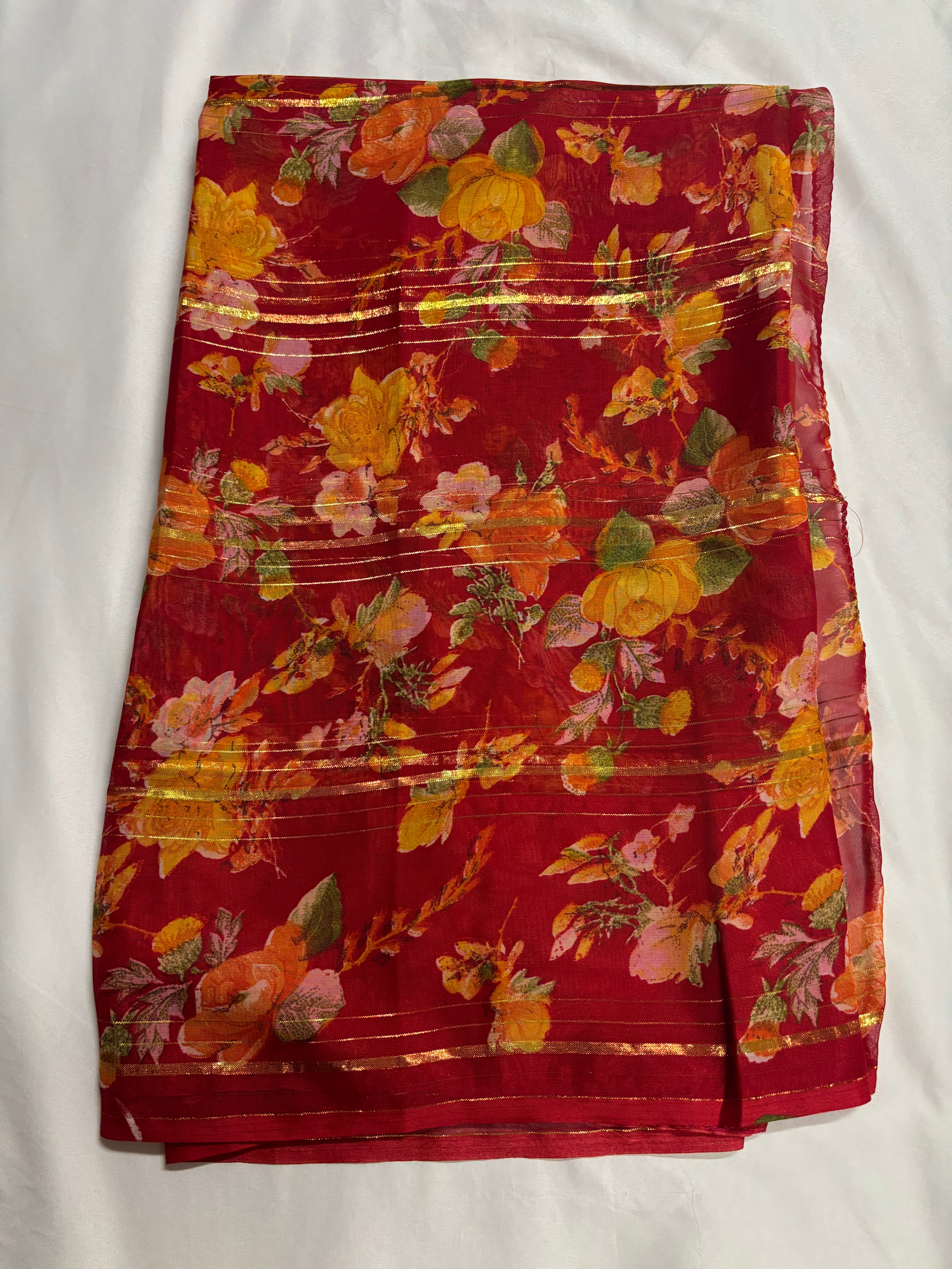 Floral Red Saree With Falls and Piko Done