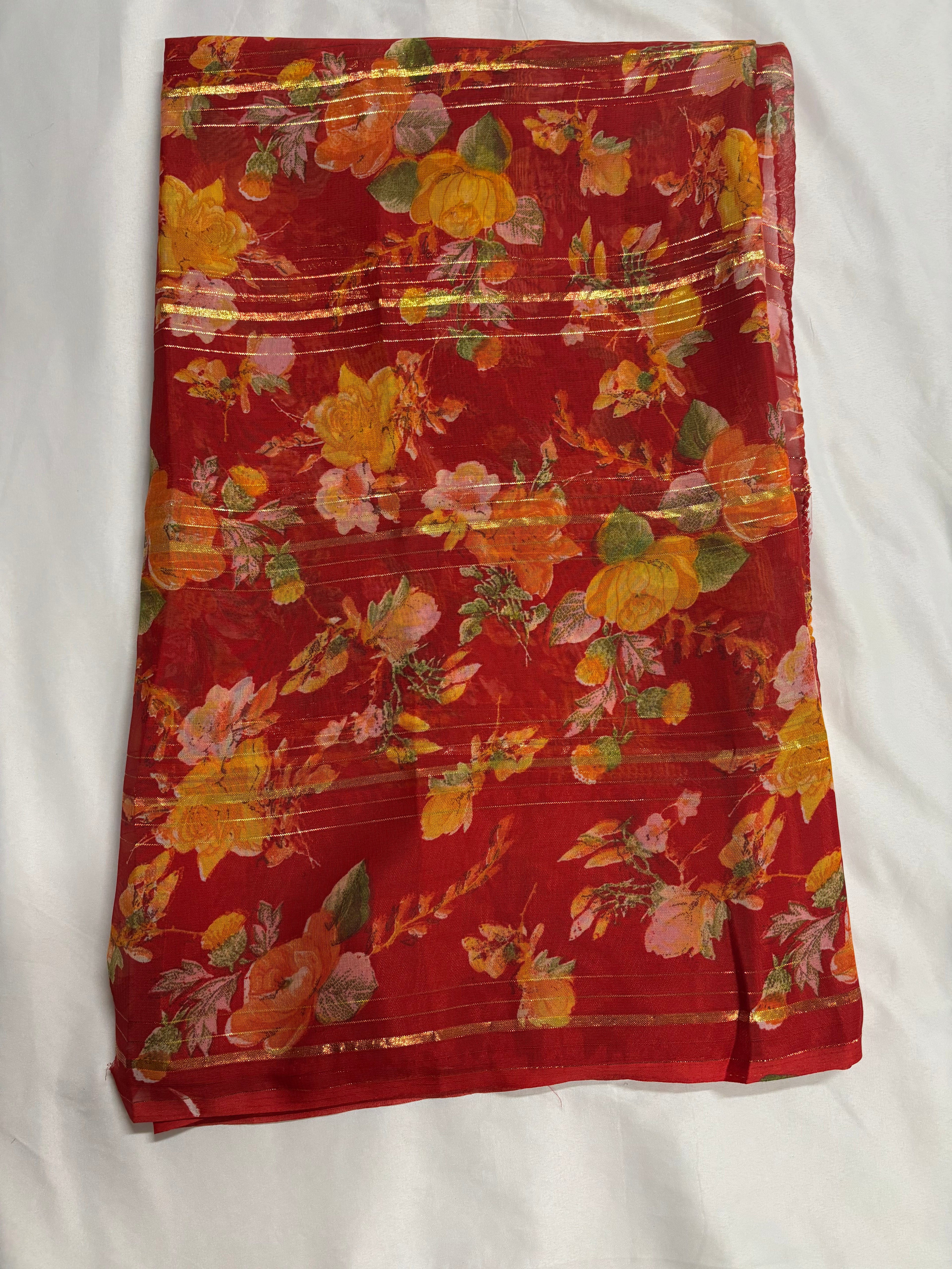 Floral Red Saree With Falls and Piko Done