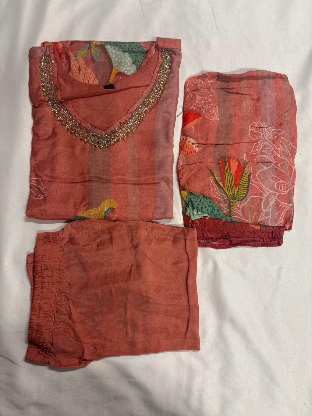 Three piece set Hand worked Orange Parrot Motif Kurtha Set