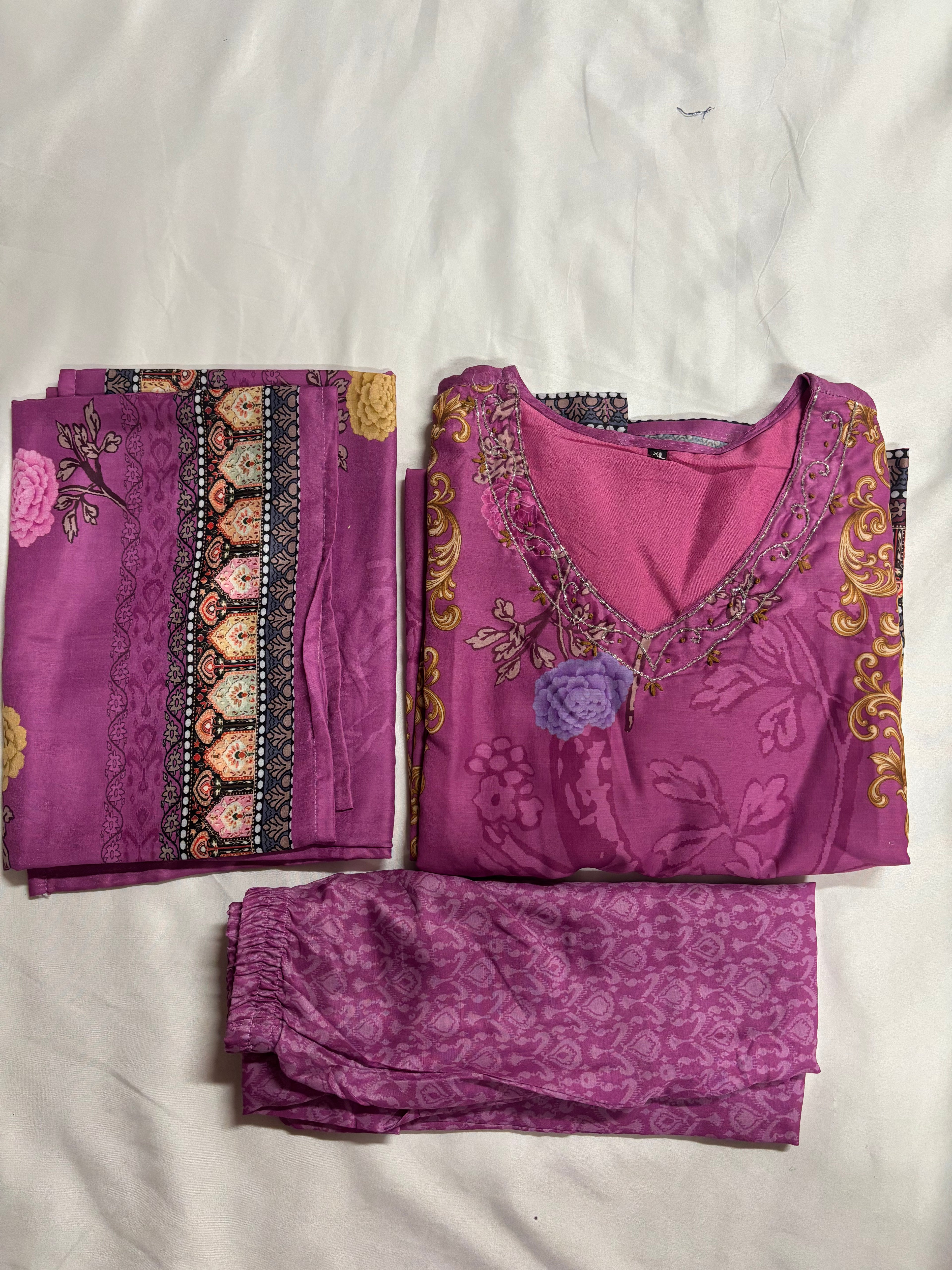 Purple Floral Silk Three Piece Set Straight Kurtha