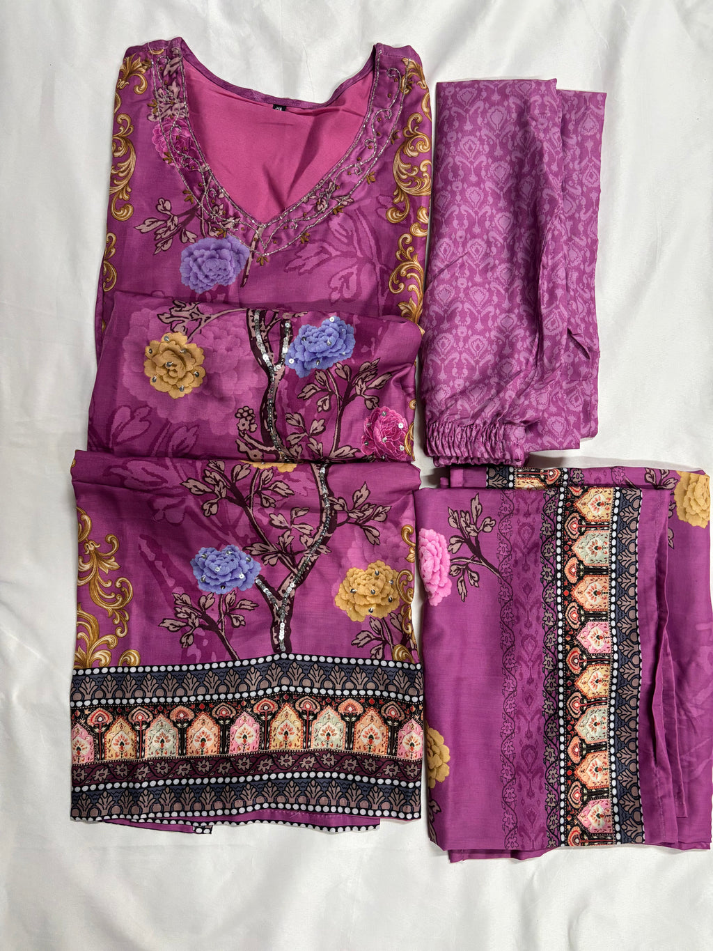 Purple Floral Silk Three Piece Set Straight Kurtha