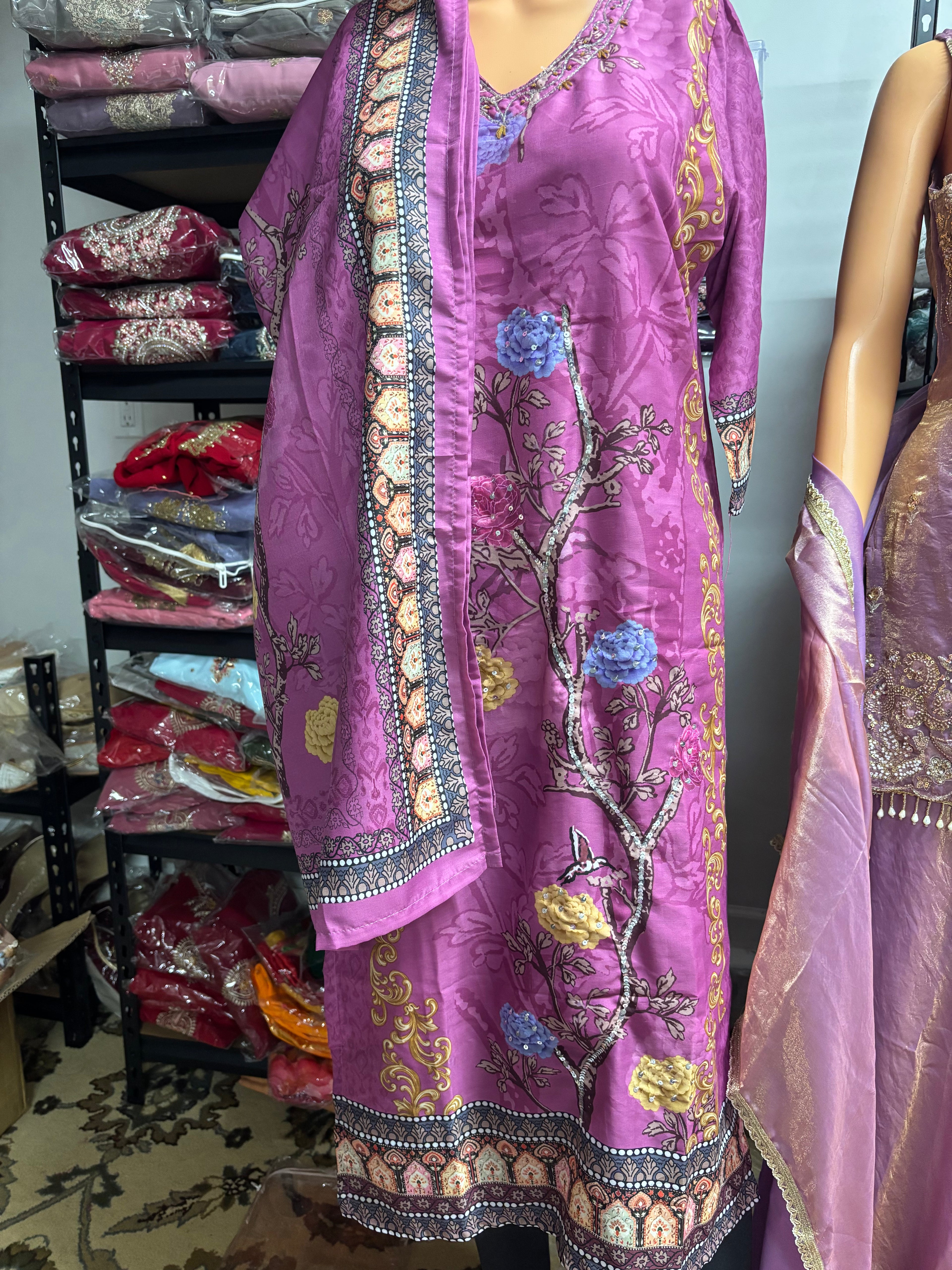 Purple Floral Silk Three Piece Set Straight Kurtha