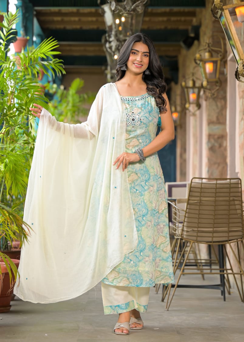 Mirror Worked Pure Soft Cotton Kurtha Set with Rope Designed on Shoulder.