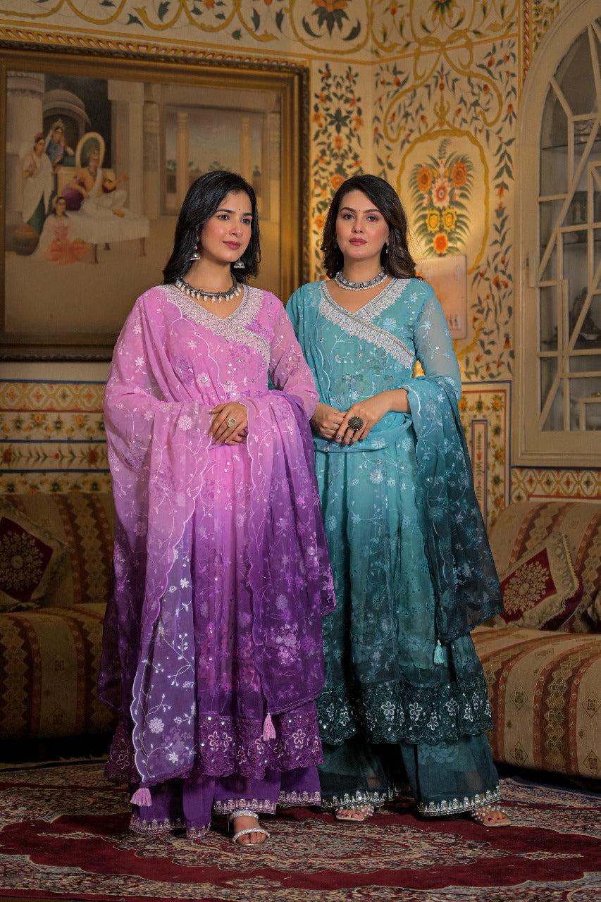 Maiju And Vanji Fashion Plazzo Kurtha Set With Glass work and Embroidary Work.