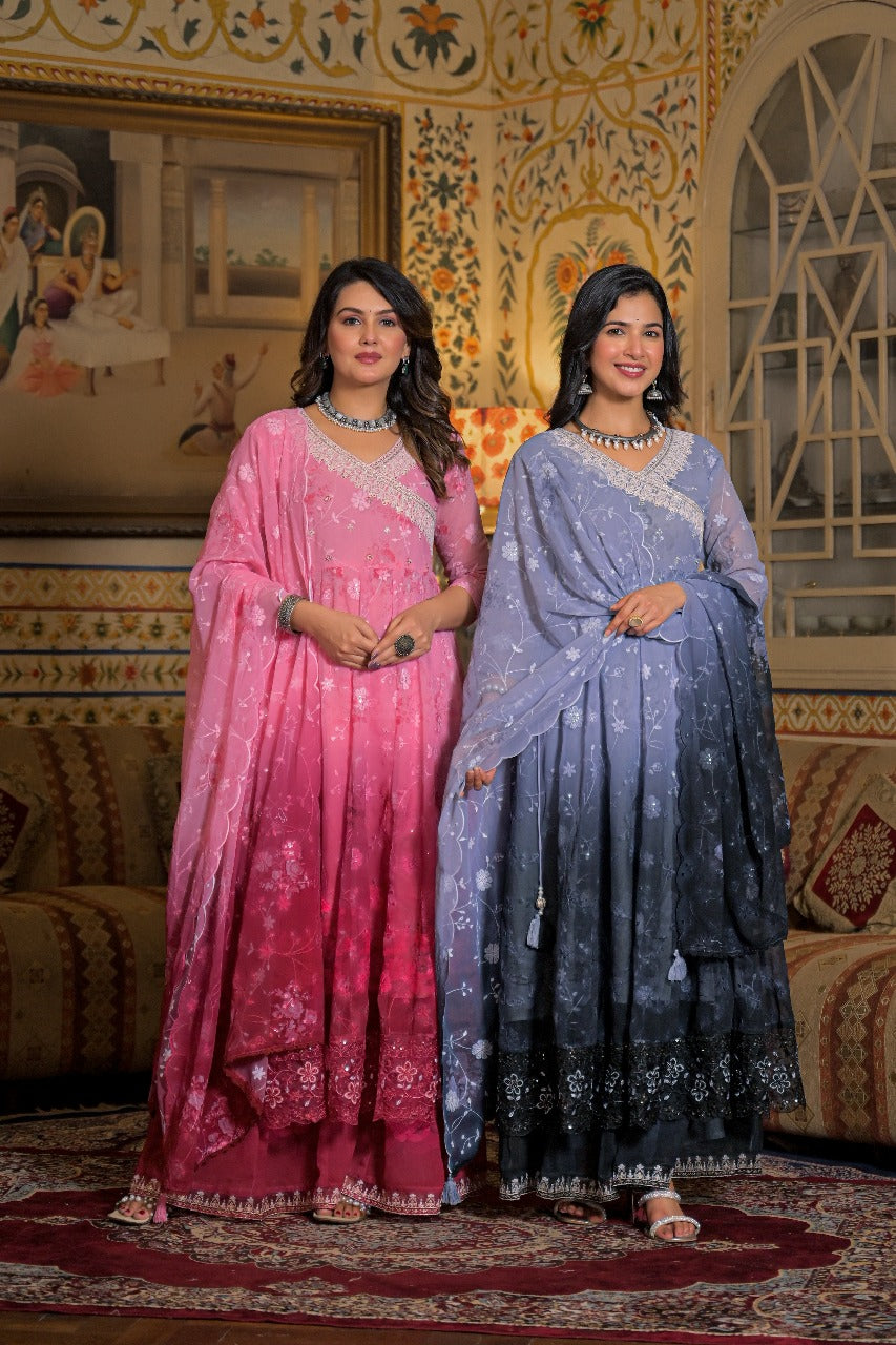 Maiju And Vanji Fashion Plazzo Kurtha Set With Glass work and Embroidary Work.