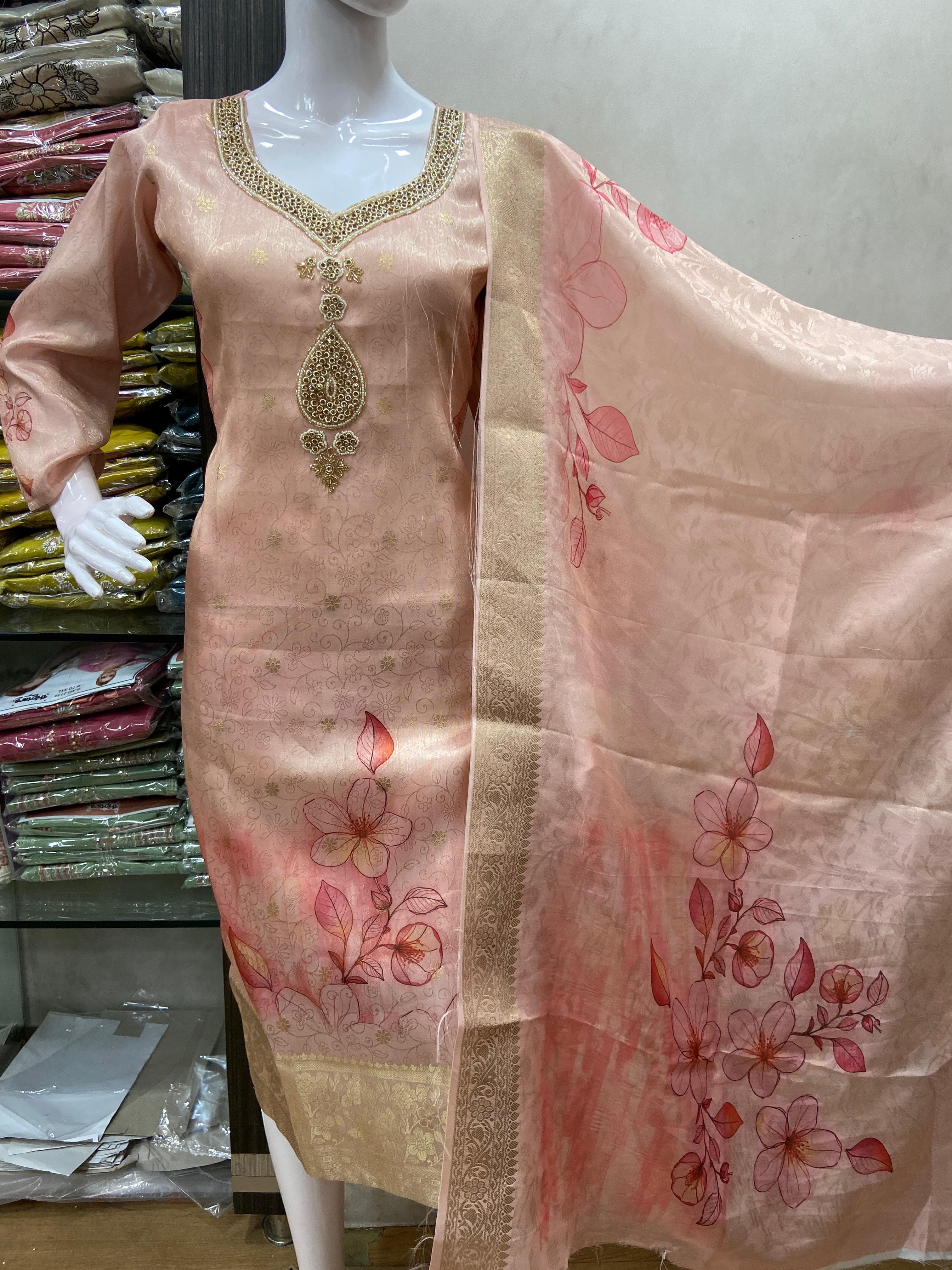 Neck Worked Floral Printed Banarasi Kurtha set