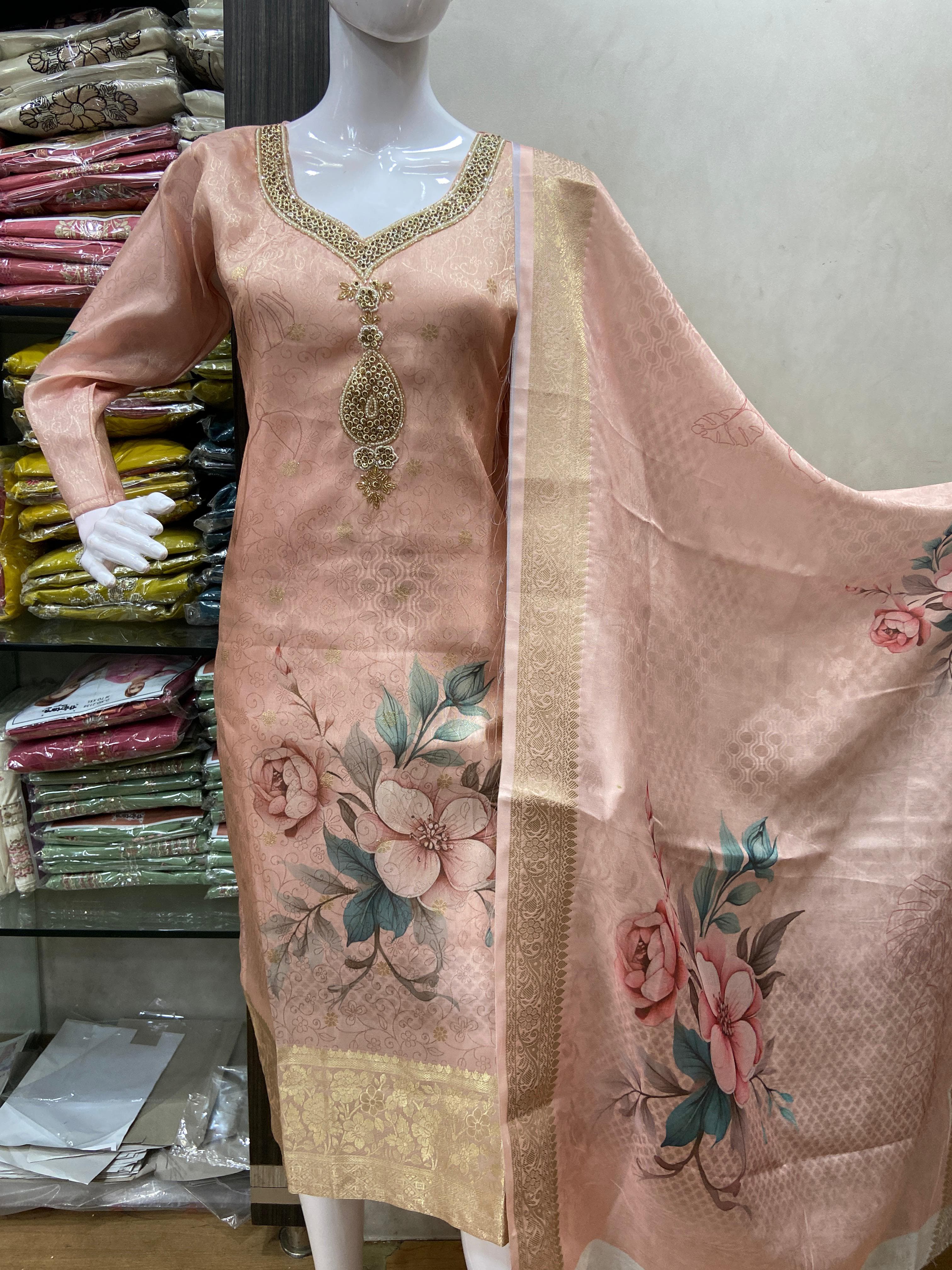 Neck Worked Floral Printed Banarasi Kurtha set