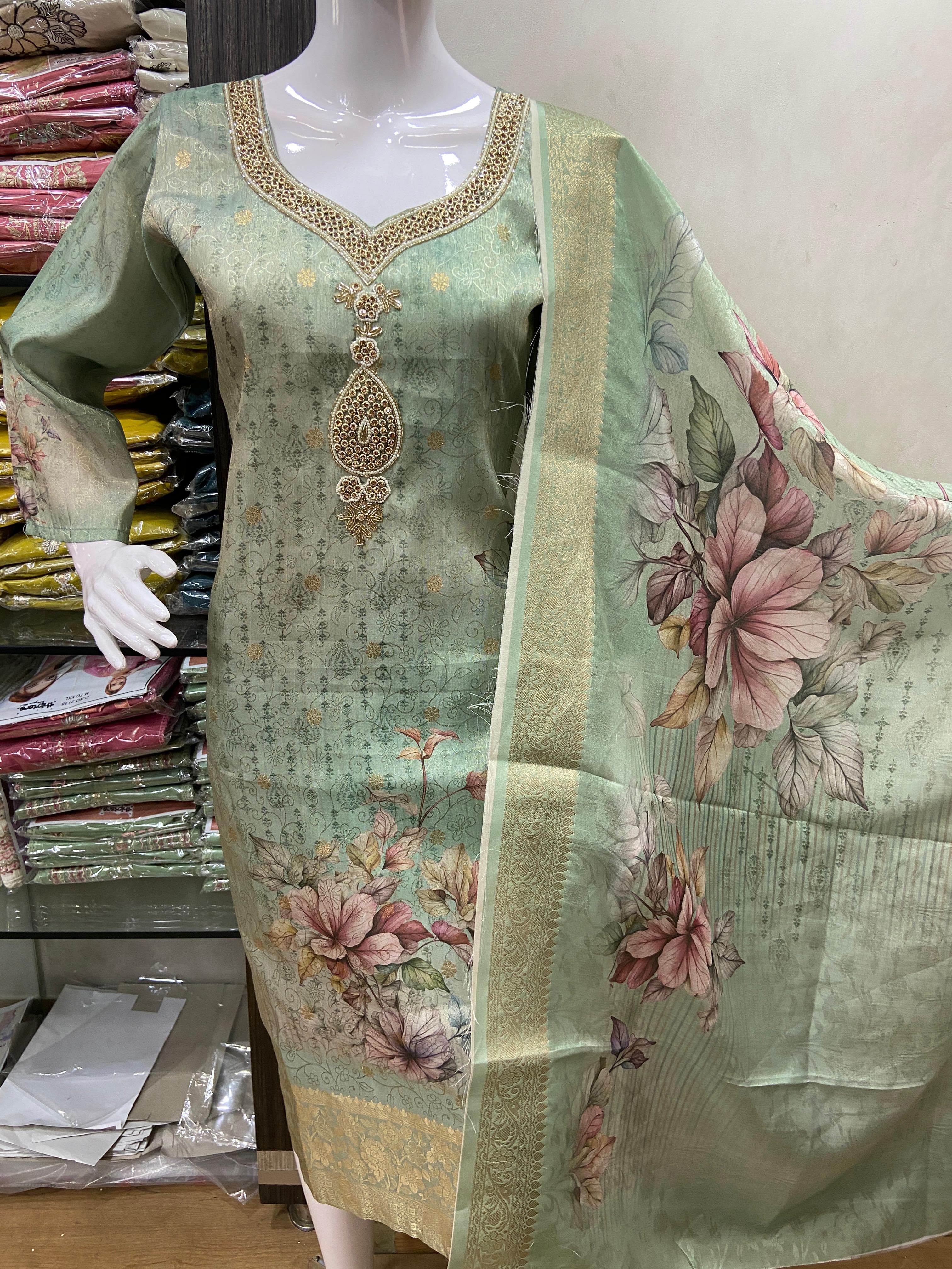 Neck Worked Floral Printed Banarasi Kurtha set