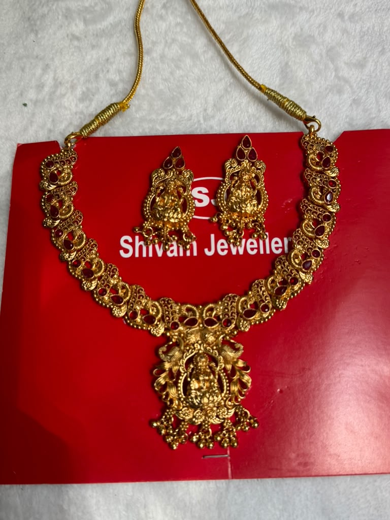 Adjustable Brass Gold plated Laxmi Design  Temple set Neckalace