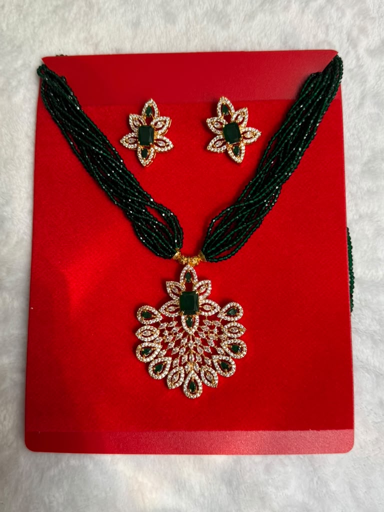 Necklace with American Diamond Peacock Motif Pendant Sets.