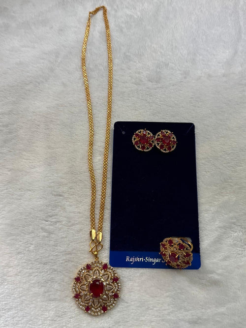 American Diamond Gold Plated with Green Stone Necklace Sets With Ring