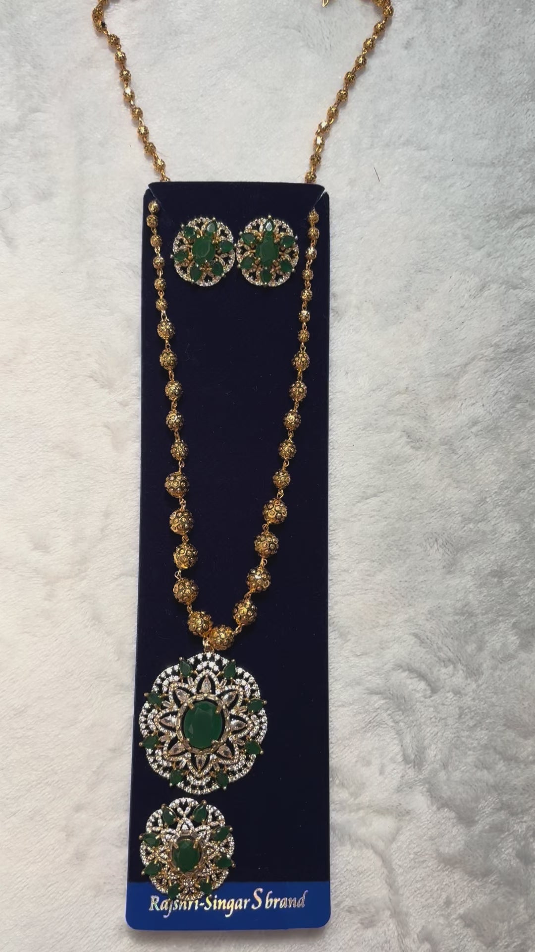 Gold Plated American Diamond with Green Stone Necklace Sets With Ring